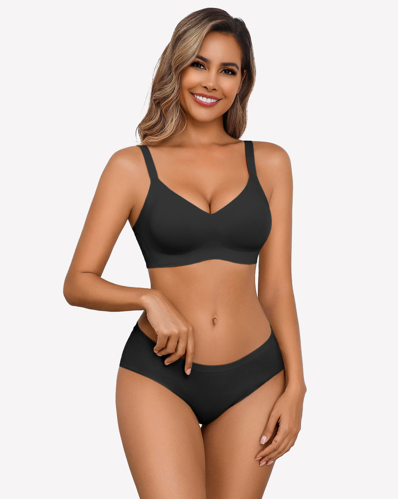 Black wireless padded V-neck bra with smooth seamless cups and wide straps