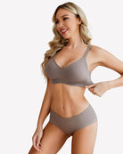 Grey wireless padded V-neck bra with seamless cups and adjustable shoulder straps