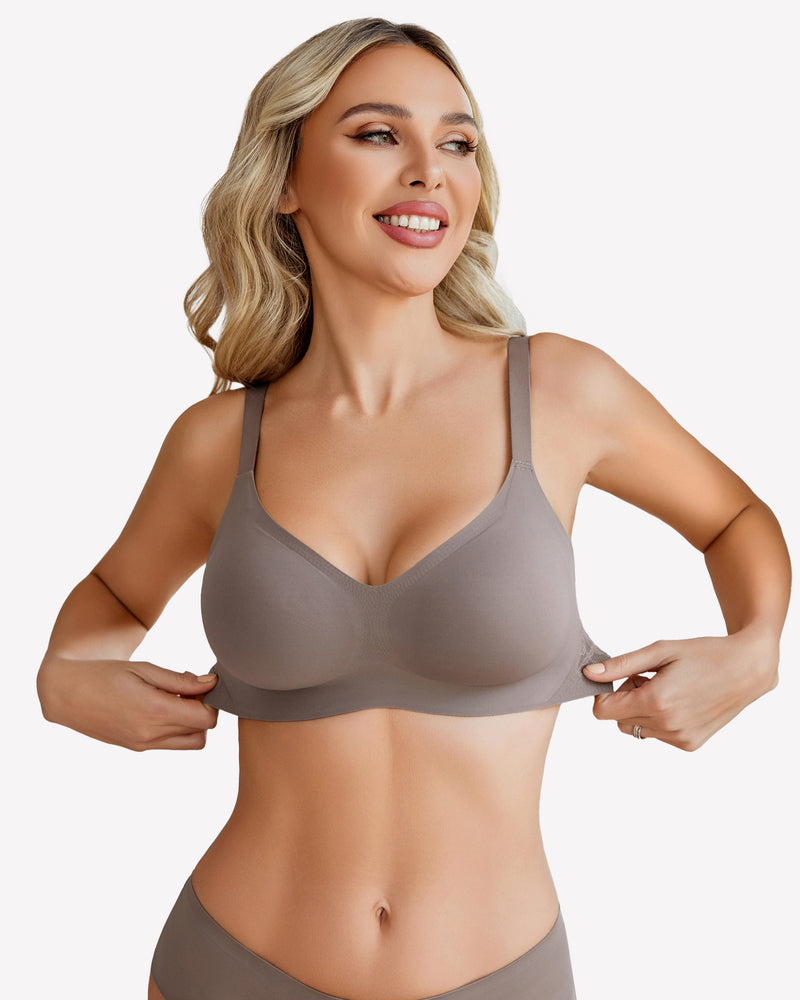 Grey wireless padded V-neck bra with smooth V-front and wide supportive straps