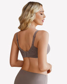 Grey wireless lace back bra with adjustable straps and seamless padded cups