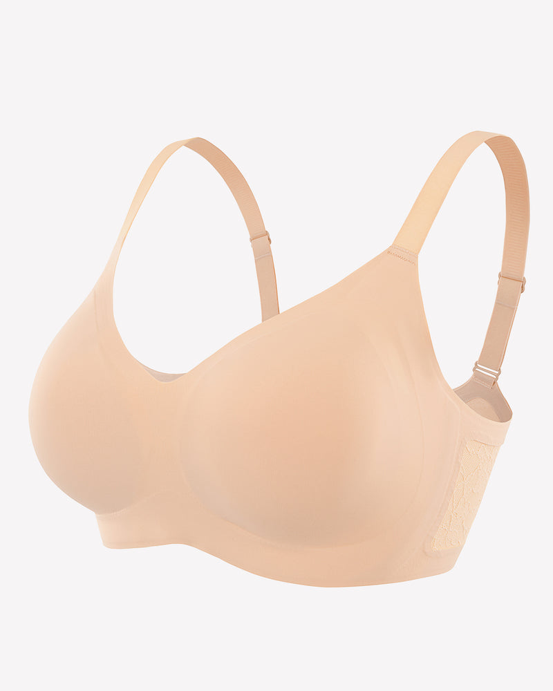 Nude wireless padded V-neck bra with smooth seamless cups and adjustable straps
