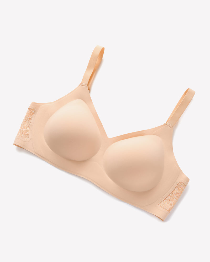 Wireless lace padded V-neck bra, beige seamless cups with lace trim