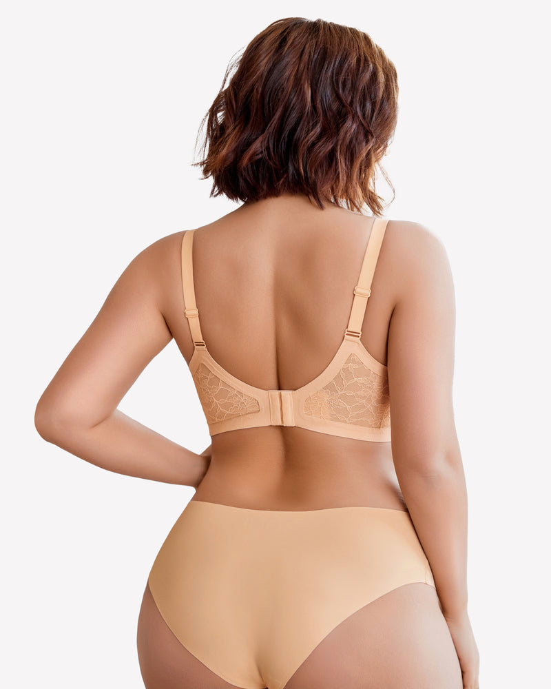 Wireless lace padded V-neck bra, nude back view with adjustable straps