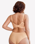 Wireless lace padded V-neck bra, nude back view with adjustable straps