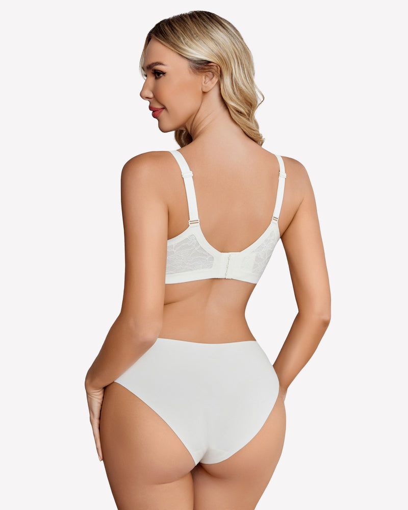 Wireless lace padded V-neck bra, white back view with adjustable straps