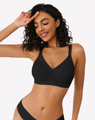 Black push-up wireless bra with V neckline and adjustable thin straps.