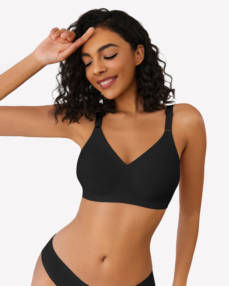 Black push-up wireless bra with V neckline and adjustable thin straps.