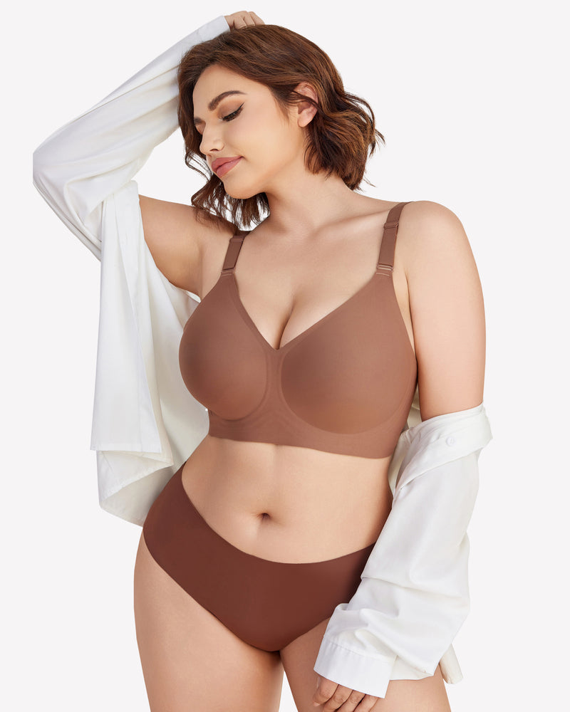 Brown push-up wireless bra with V neckline and adjustable straps.