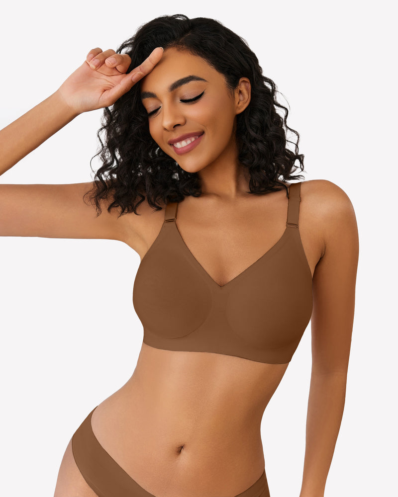 Brown push-up wireless bra with V neckline and adjustable straps.