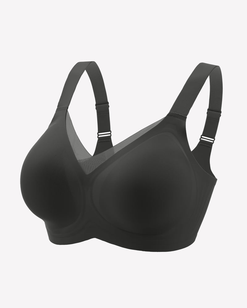 Seamless no-underwire comfort bra, black, front view with adjustable straps.
