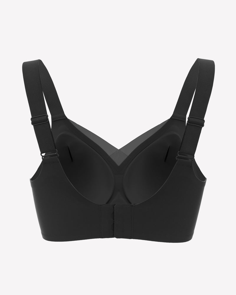 Seamless no-underwire comfort bra, black, V-neck design with smooth cups.