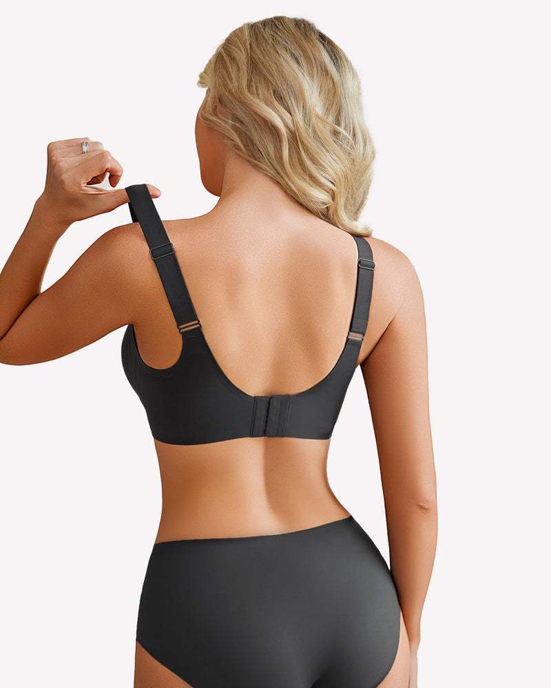 Seamless no-underwire comfort bra, black, back view with adjustable straps.