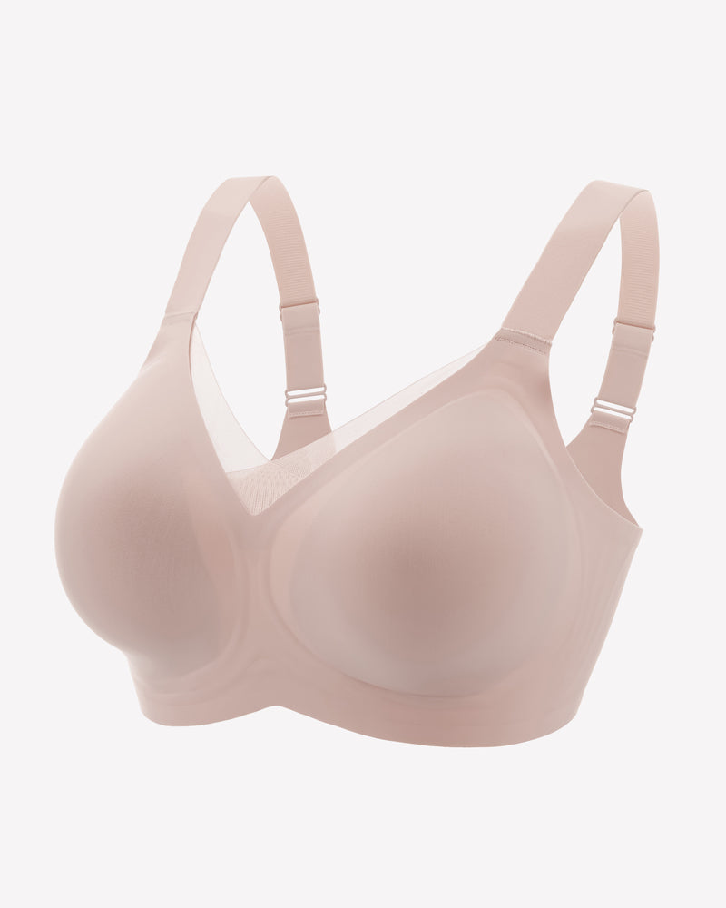 Seamless no-underwire comfort bra, light nude, 3D cups with adjustable straps.