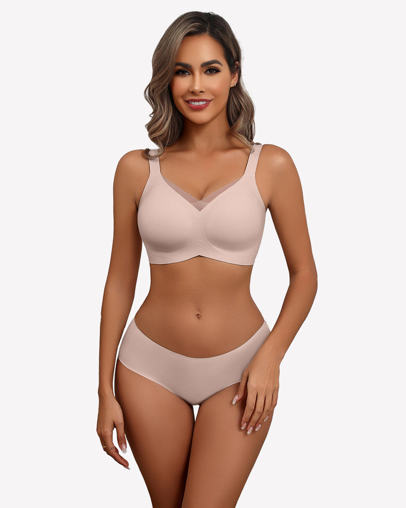 Seamless no-underwire comfort bra, light nude, smooth cups and adjustable straps.