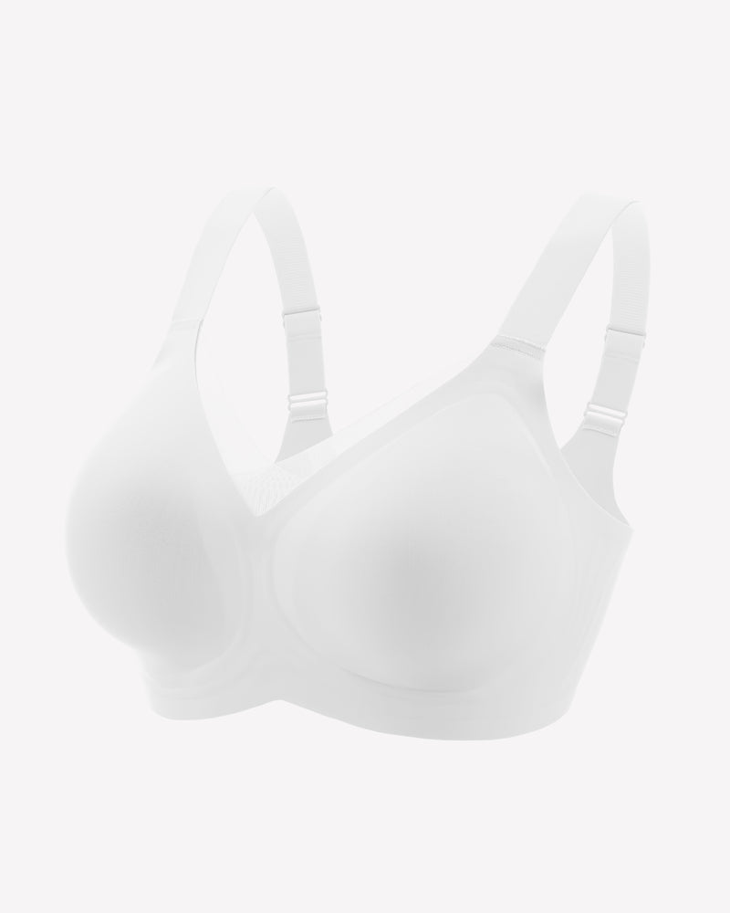 Seamless no-underwire bra in white, V-neck molded cups and adjustable straps.