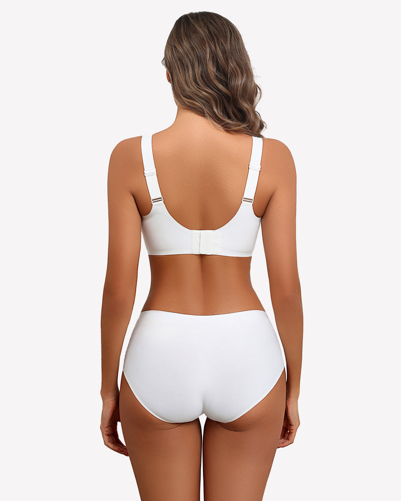 White seamless no-underwire bra, back view with adjustable shoulder straps.
