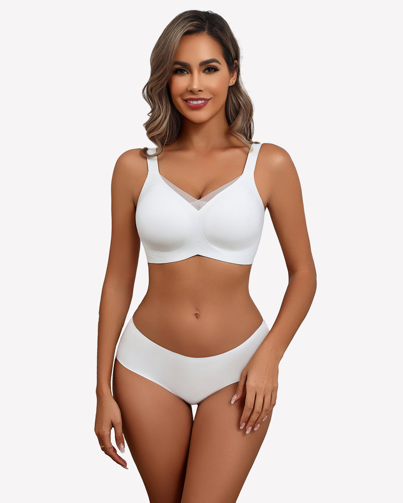 White seamless no-underwire bra with V-neck molded cups and adjustable straps.