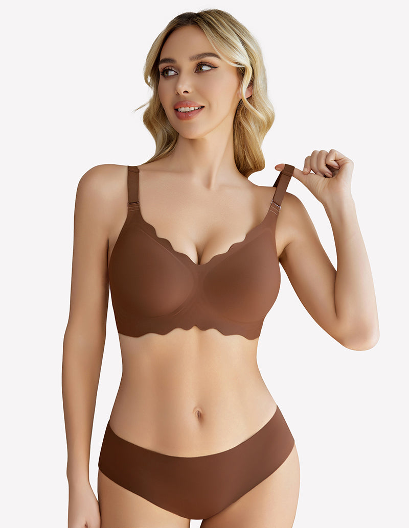 Nude wireless full-coverage push-up bra with scalloped cups and wide straps