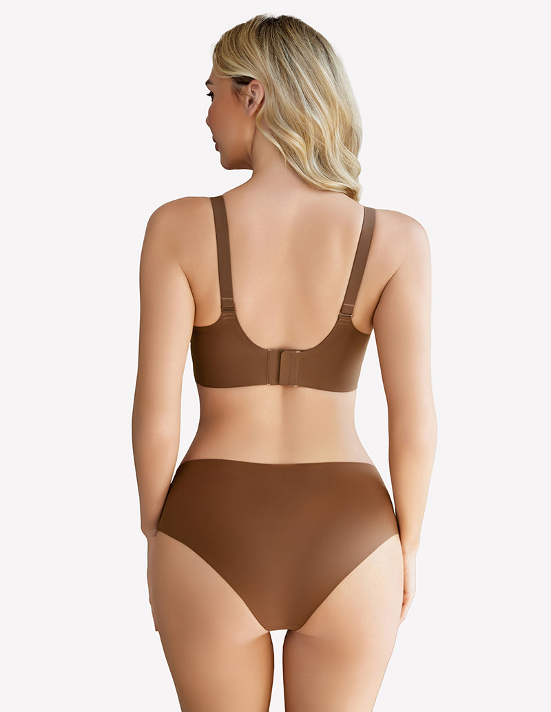 Nude wireless push-up bra back view with wide straps and full-coverage briefs