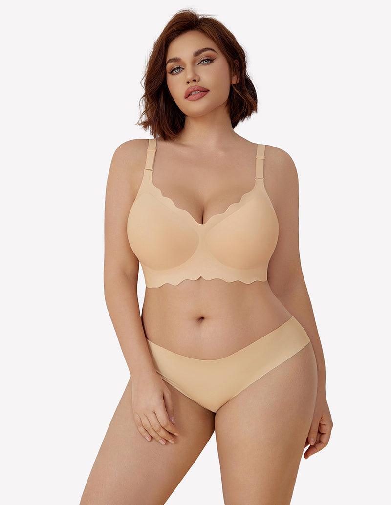 Nude wireless full-coverage push-up bra and briefs with smooth scalloped cups