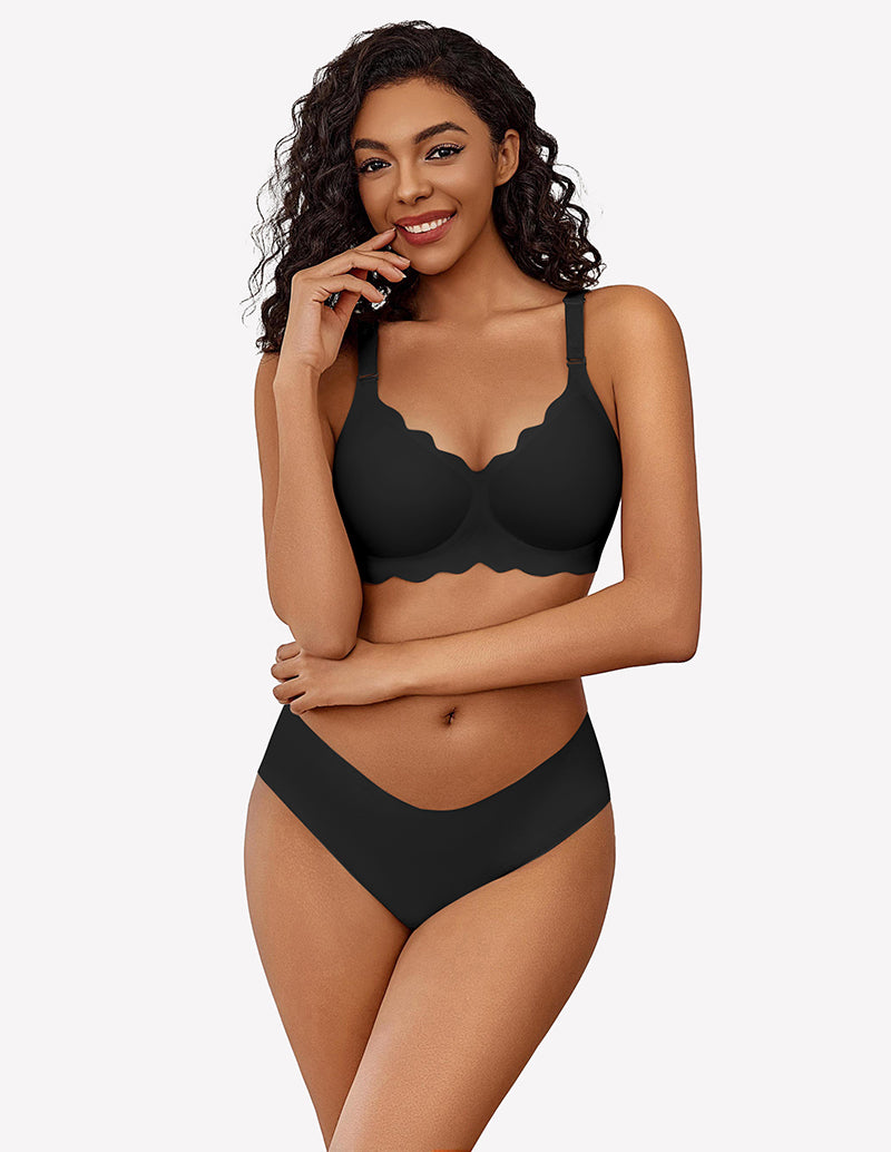 Black wireless full-coverage push-up bra and briefs with scalloped cups
