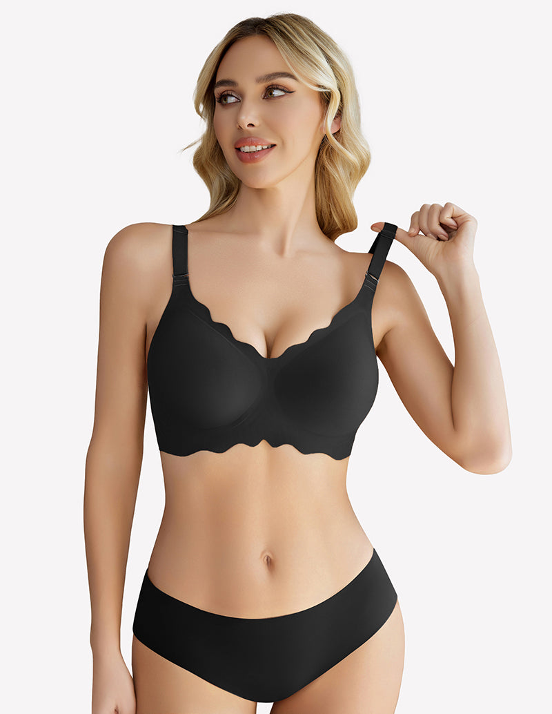 Black wireless full-coverage push-up bra with scalloped neckline and wide straps