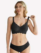 Black wireless full-coverage push-up bra with scalloped neckline and wide straps
