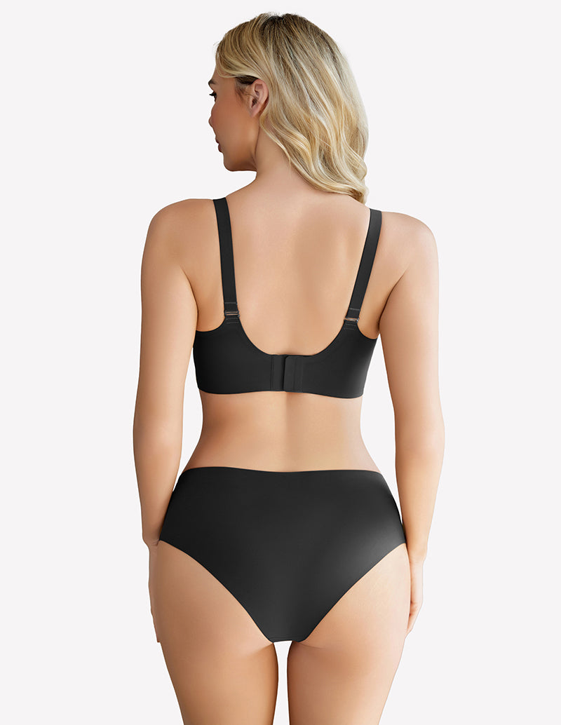Black wireless push-up bra back view with wide straps and full-coverage briefs