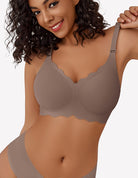 Dark grey wireless full-coverage push-up bra close-up with scalloped cups and straps