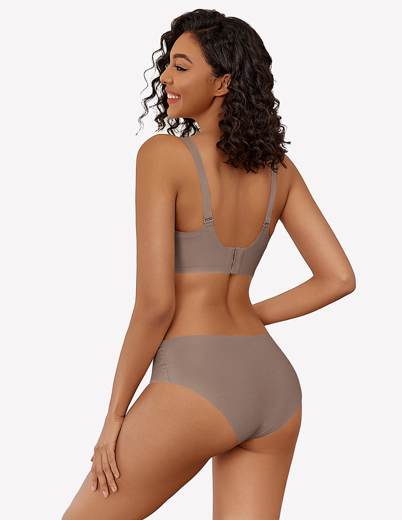 Wireless full-coverage push-up bra and briefs set, gray-nude color