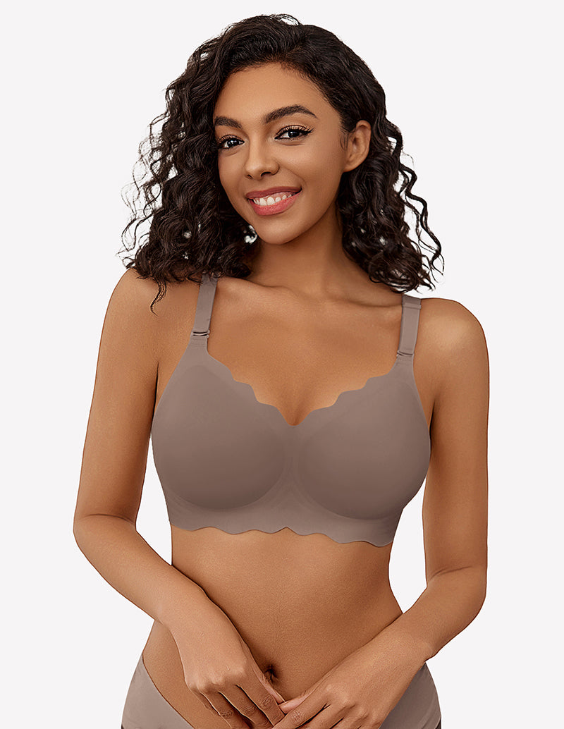 Dark grey wireless full-coverage push-up bra and briefs with smooth scalloped cups