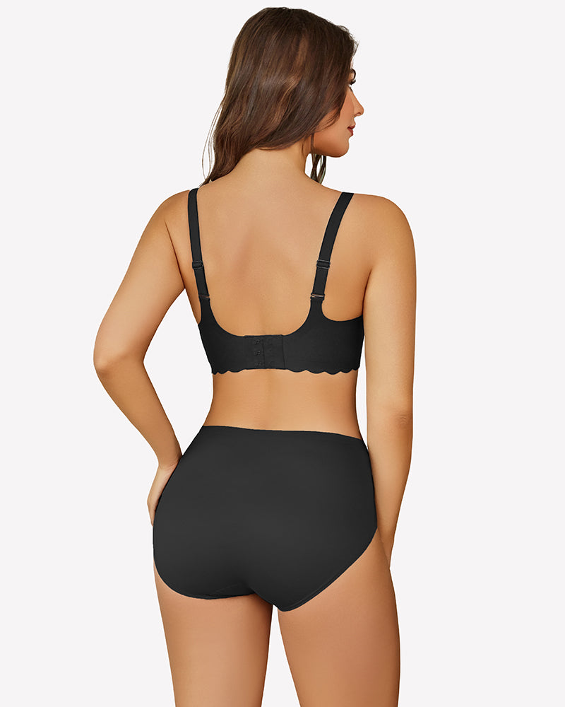 Black wireless V-neck seamless full coverage bra, back view with adjustable straps