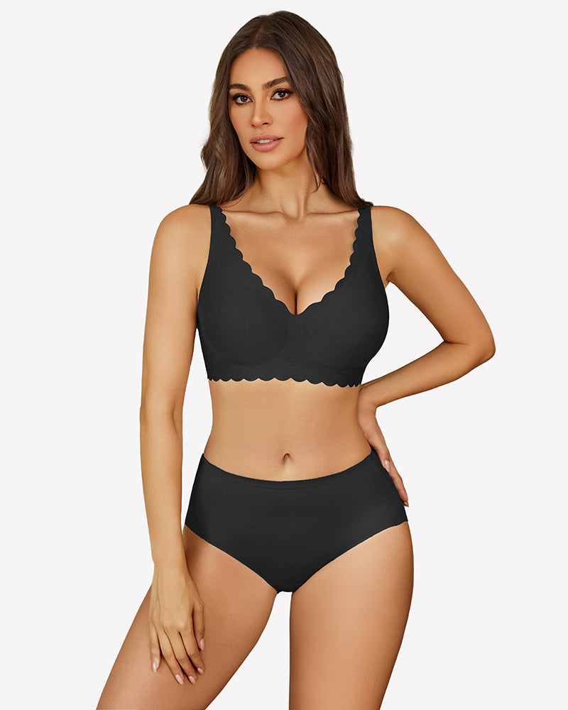 Black wireless V-neck seamless full coverage bra with scalloped edge trim