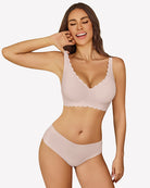 Light pink wireless V-neck seamless full coverage bra with scalloped edge trim