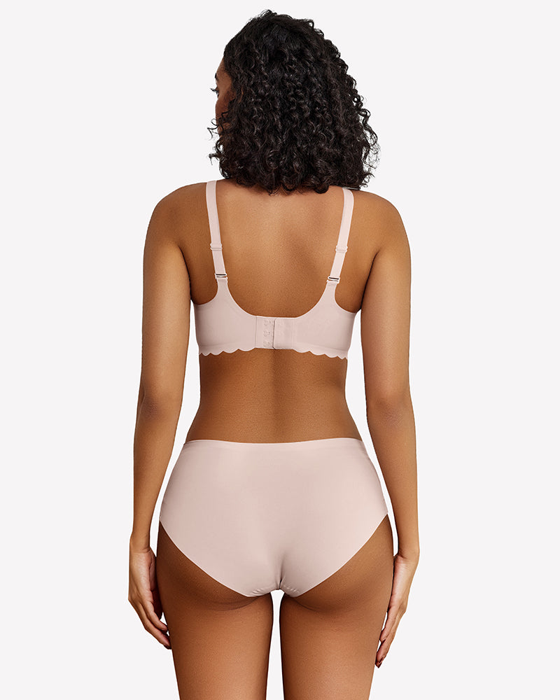 Light pink wireless V-neck seamless full coverage bra, back view with adjustable straps