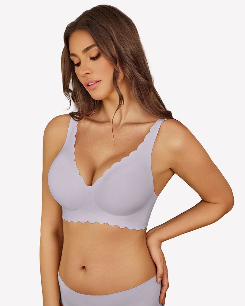 Lilac wireless V-neck seamless full coverage bra with scalloped edge trim