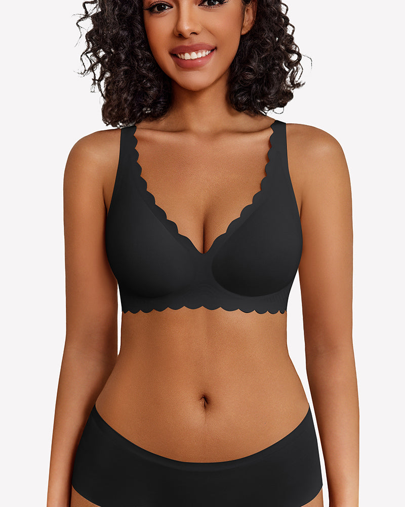 Black wireless V-neck seamless full-coverage bra with scalloped trim and adjustable straps