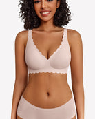 White wireless V-neck seamless full-coverage bra with scalloped edges and adjustable straps