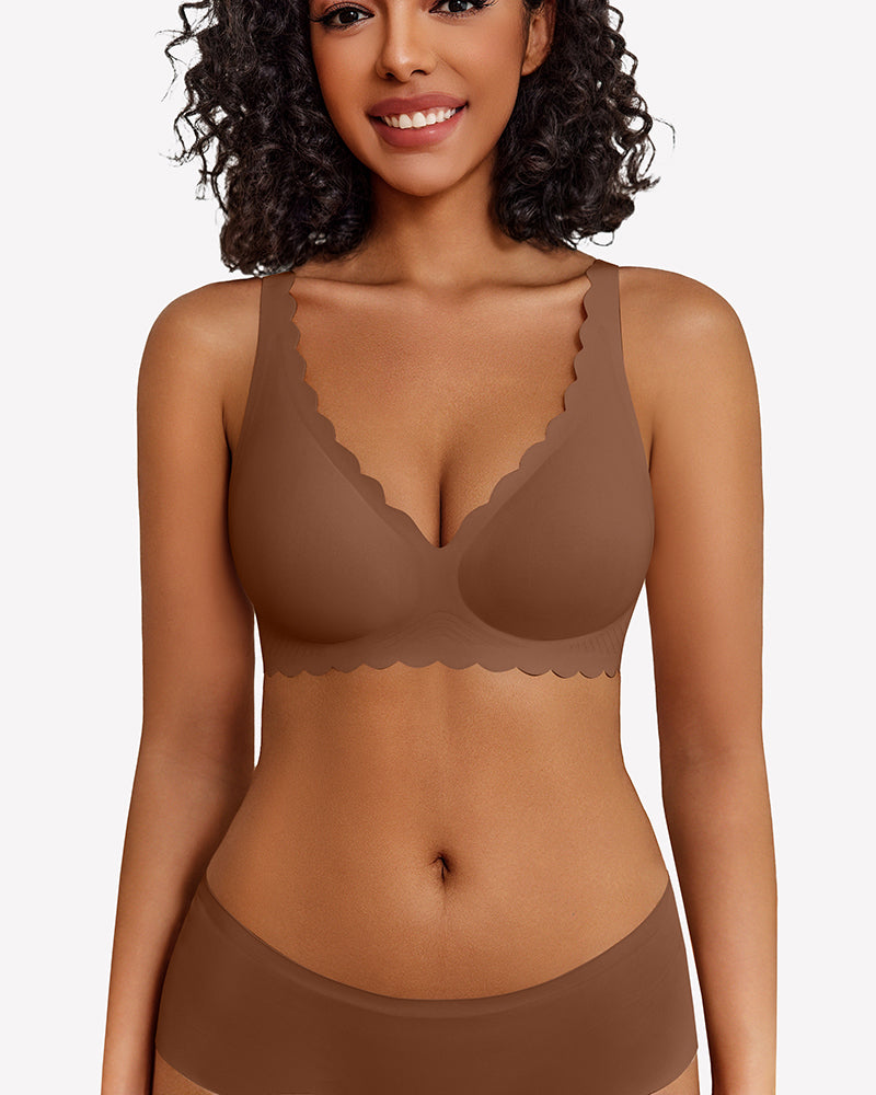 Brown wireless V-neck seamless full-coverage bra with scalloped trim and adjustable straps