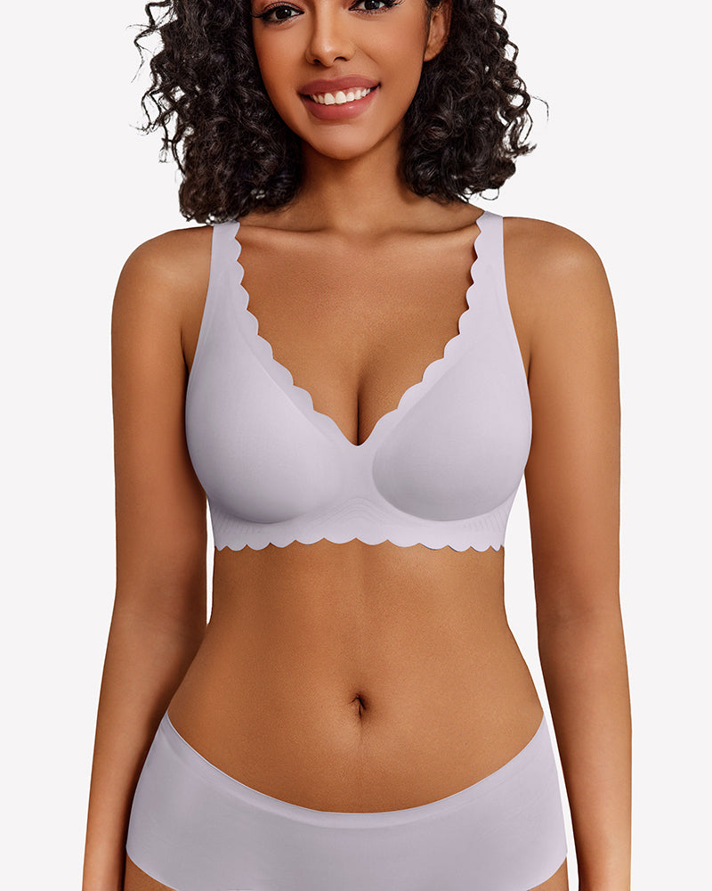 Lilac wireless V-neck seamless full-coverage bra with scalloped trim and adjustable straps