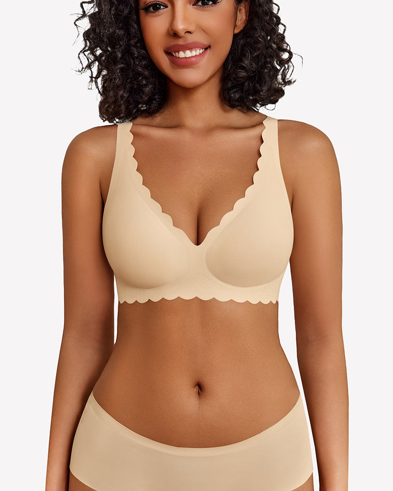 Nude wireless V-neck seamless full-coverage bra with scalloped trim and adjustable straps