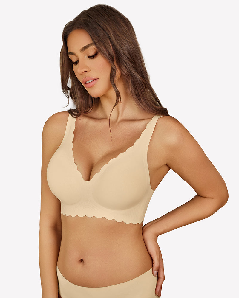 Nude wireless V-neck seamless full-coverage bra with scalloped hem and adjustable straps