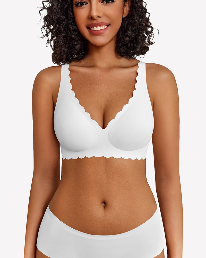 White wireless V-neck seamless full coverage bra with scalloped edge trim