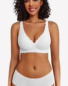 White wireless V-neck seamless full coverage bra with scalloped edge trim