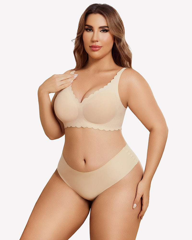 Nude wireless V-neck seamless bra and matching briefs with scalloped trim
