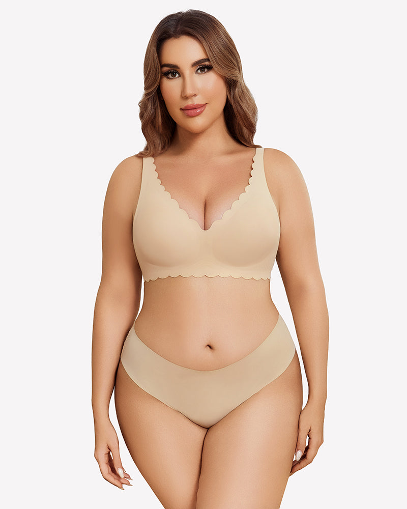 Nude wireless V-neck seamless full-coverage bra with scalloped edges