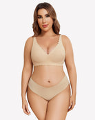 Nude wireless V-neck seamless full-coverage bra with scalloped edges