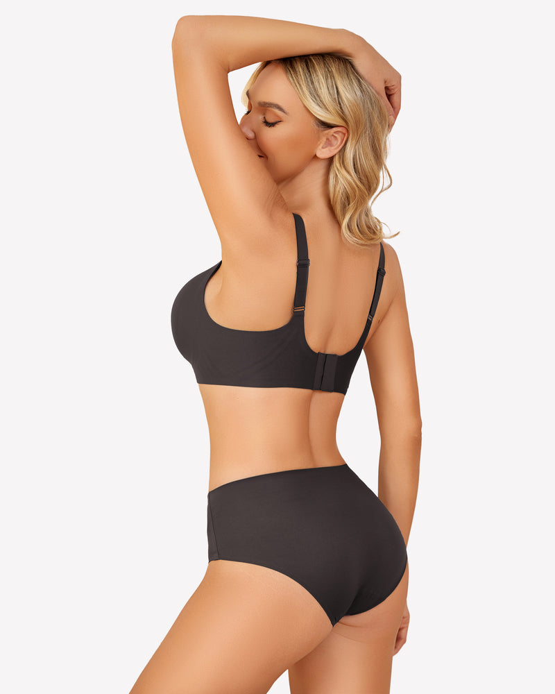 Seamless push-up bralette bra in dark charcoal, back view with adjustable straps