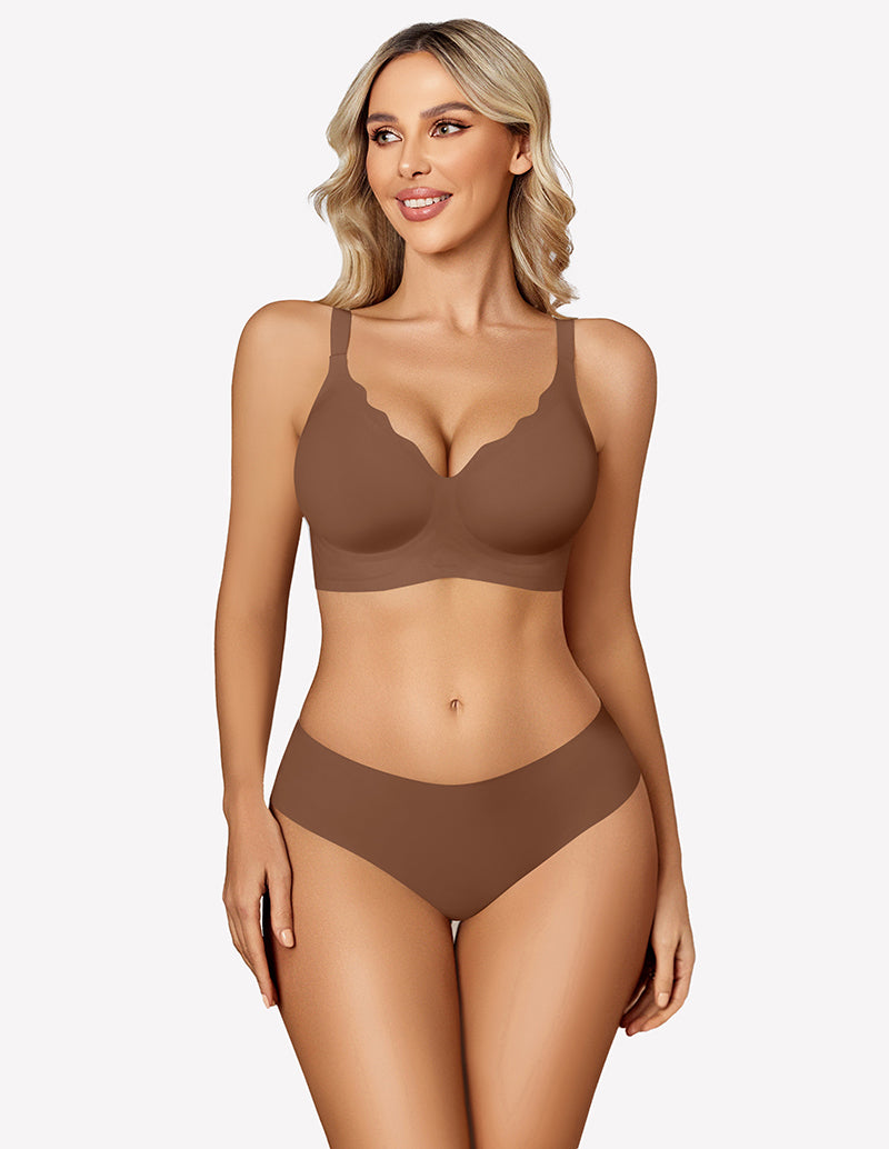 Seamless wireless push-up bra, dark brown, scoop neckline and wide underband