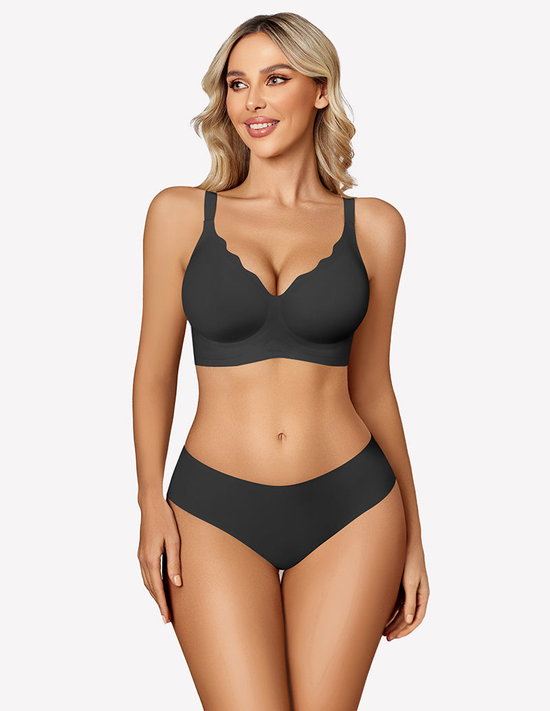 Black seamless wireless push-up bralette bra with soft plunge cups and smooth wide band.